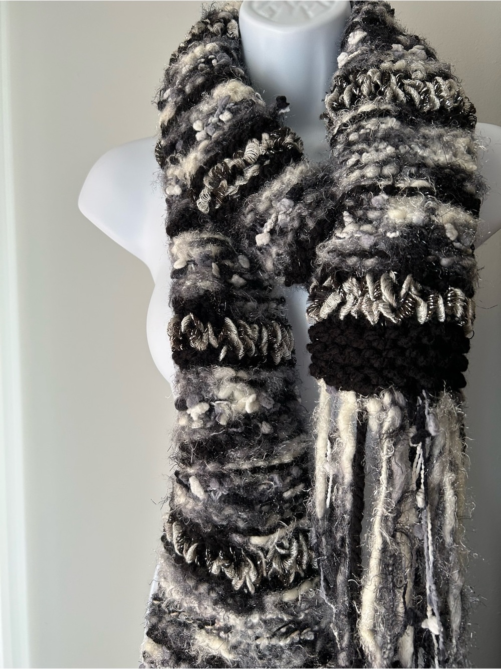 Black & White Textured Knit Fringe Scarf - Women Accessories